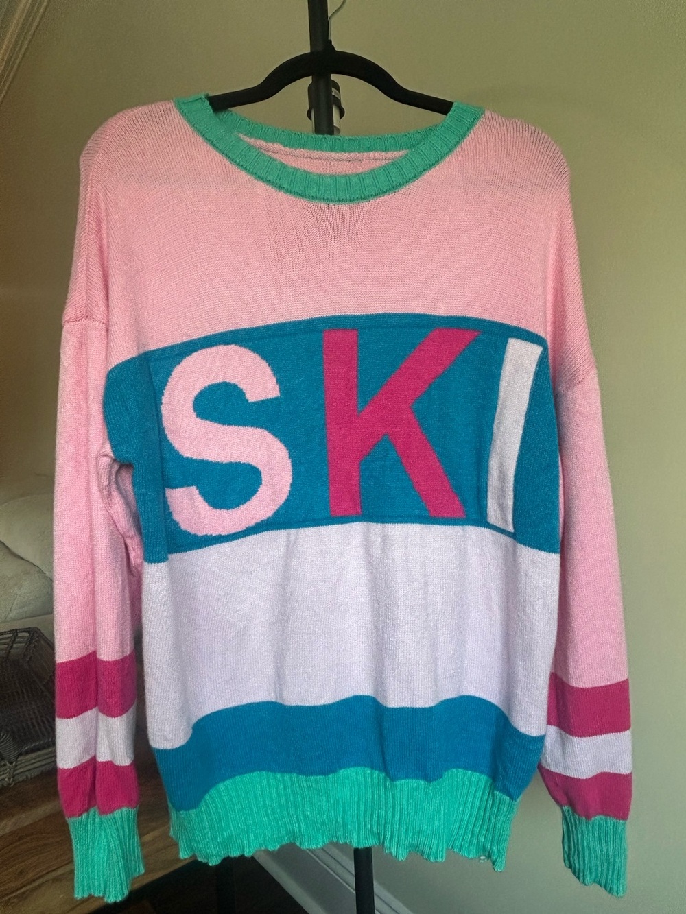 Colorblock Pink & Teal Crewneck Sweater with Graphic Lettering